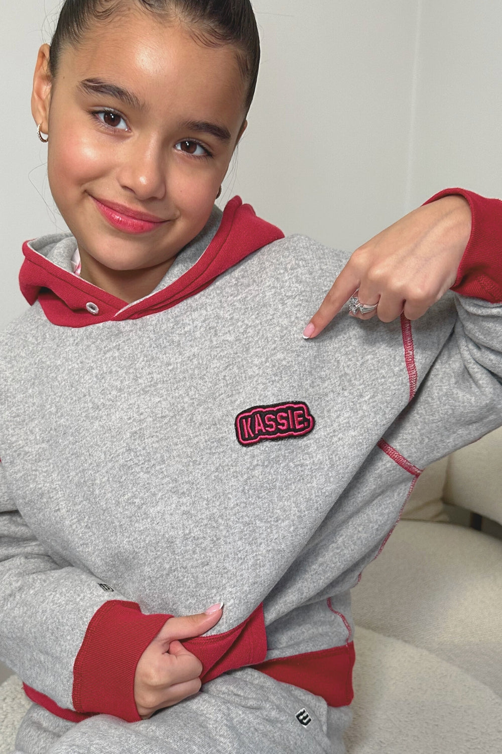 Kassie x Whatever | KIDS GREY + LIPSTICK RED HOODIE