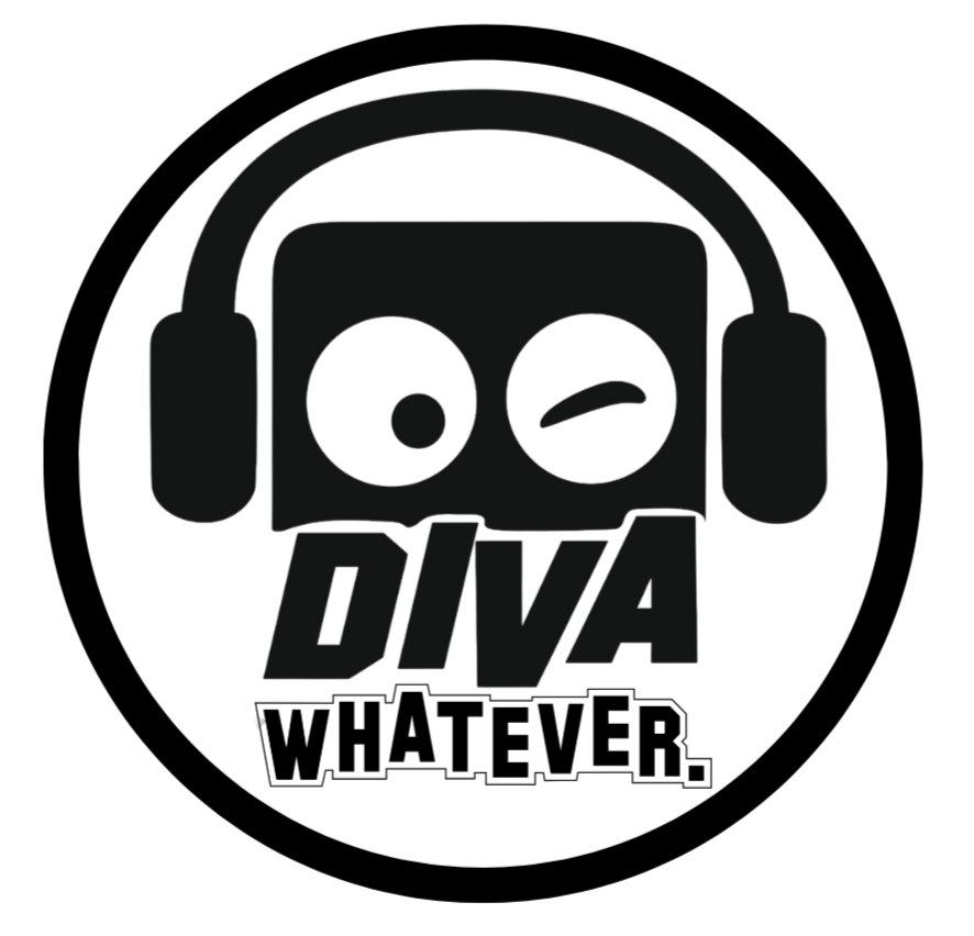 Logo with a stylized face wearing headphones and the text 'Diva Whatever' on a white background.