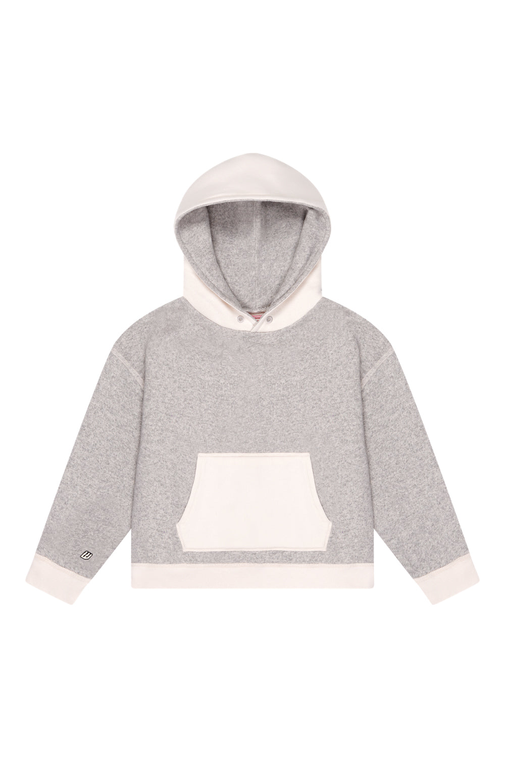 A kids' grey marl hoodie with a tip-ex detail on the front pocket, made of cotton and polyester materials.