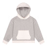 A kids' grey marl hoodie with a tip-ex detail on the front pocket, made of cotton and polyester materials.
